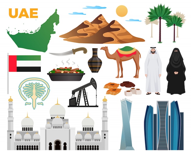 アラブ首長国連邦旅行フラットアイコンコレクションランドマーク国旗服料理山近代建築モスクイラスト 無料のベクター