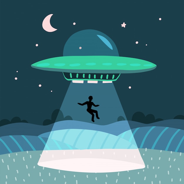 Ufoが男性を誘拐し 夜のフィールドで夏の夜の農場の風景 星と空の月の背景 フラットイラスト プレミアムベクター