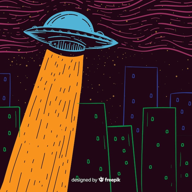 Ufo abduction concept with hand drawn\
style