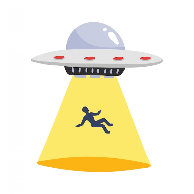 Ufoは人間を拉致します 男のシルエット イラストと宇宙船ufo光線 プレミアムベクター