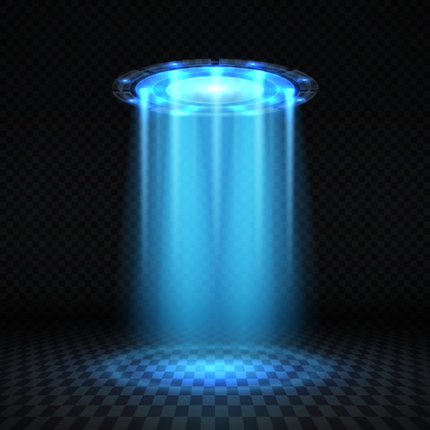Ufo blue light beam, futuristic alien spaceship isolated vector illustration. ufo futuristic, spaceship gravity disc Premium Vector