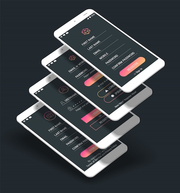 モバイルアプリuiサインインおよびサインアップ画面3dモックアップキット プレミアムベクター