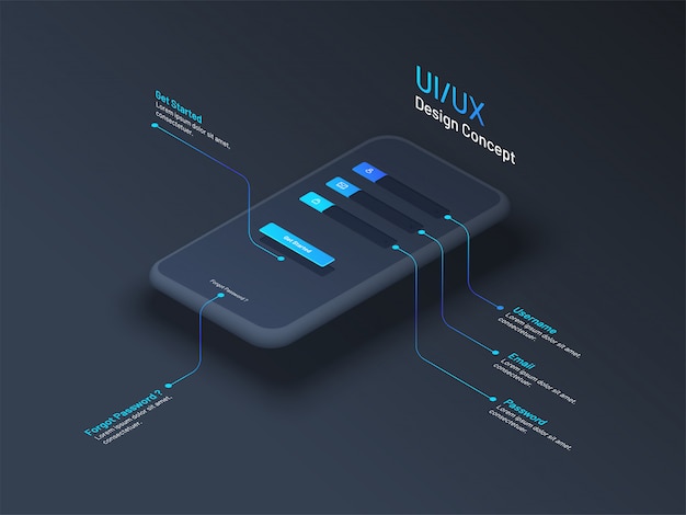 Ui or ux design concept with isometric smartphone. Premium Vector