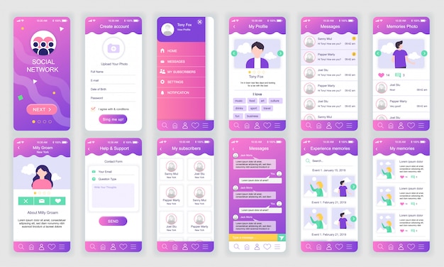Набор экранов ui, ux, gui социальная сеть приложение плоское Premium векторы