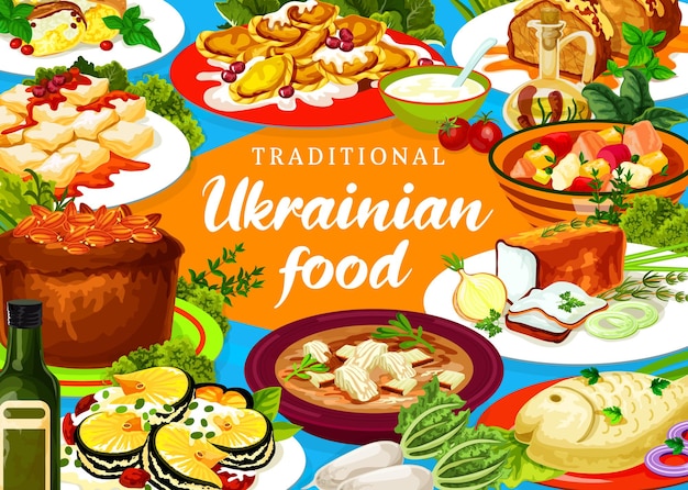 Premium Vector | Ukrainian cuisine stabbed chicken, noodle and kherson yushka. kiev herring, pike