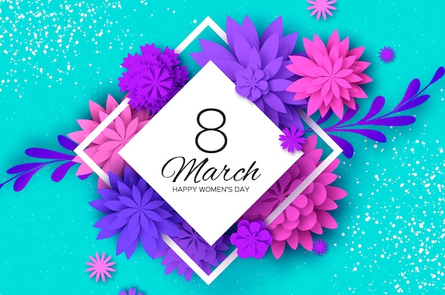 ウルトラバイオレットピンクの切り花 3月8日 女性の日のグリーティングカード 折り紙フローラルブーケ ひし形フレーム テキスト プレミアムベクター