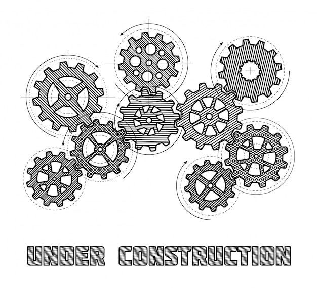 建設ウェブサイトのベクトルの概念の下で手描きの歯車 スケッチ歯車イラストと建設中のバナー プレミアムベクター