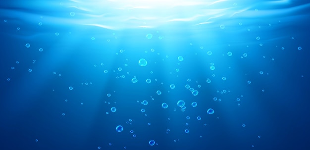 水中の背景 水面 海 海 気泡 波紋 太陽光線が落ちるスイミングプールの透明なアクアテクスチャ 広告のテンプレート リアルな3dイラスト 無料 のベクター
