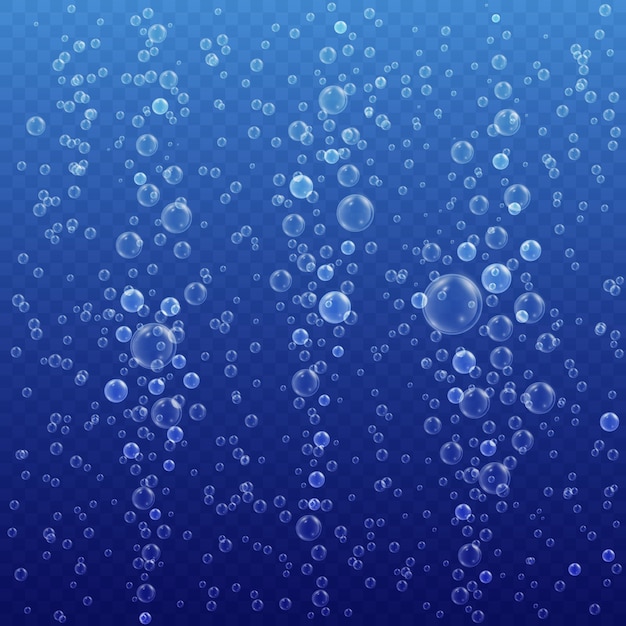 青い透明な背景に水中の泡 現実的な気泡 プレミアムベクター