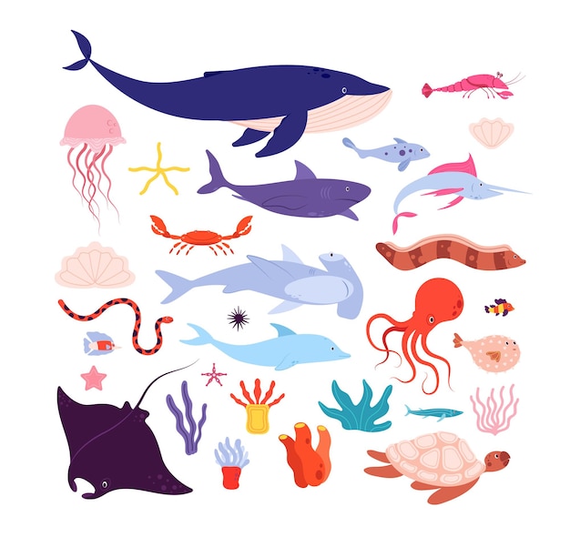 水中の魚や動物 かわいい海の動物 イルカとクラゲ タコとヒトデ 漫画の海洋生物の孤立したキャラクター イルカ ヒトデとタコ カメとランプのイラスト プレミアムベクター