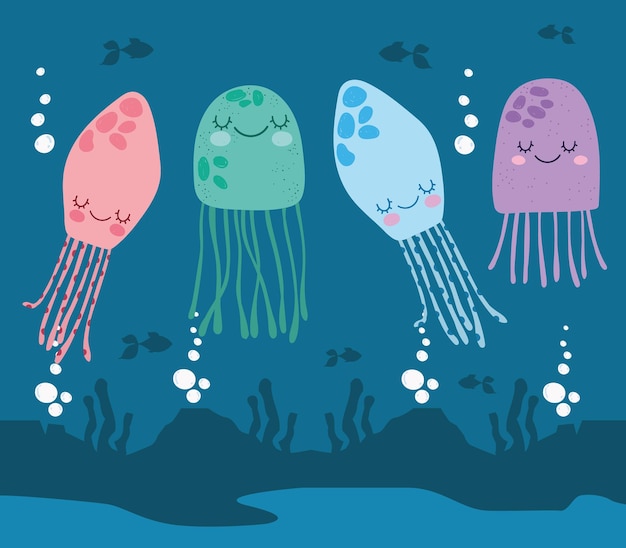 Download Premium Vector | Underwater jellyfishes fish bubbles cartoon