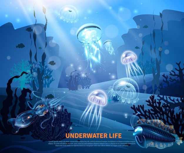 Underwater life background light poster Free Vector