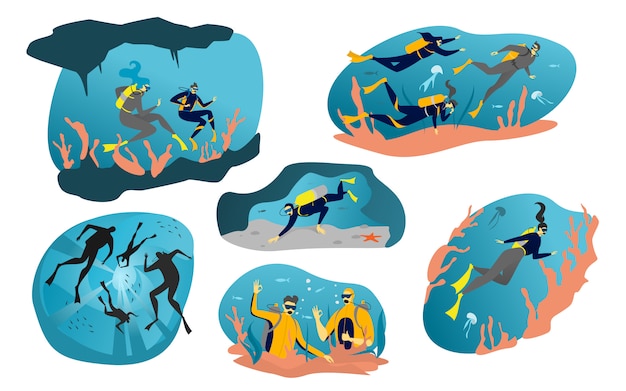 水中スキューバダイバーイラスト 漫画の人々と海海海のダイビング 白で隔離魚やサンゴ礁のアイコンの間で泳ぐ プレミアムベクター
