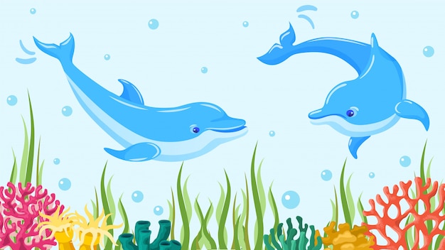 水中海イルカ イラスト 青い海の水で魚 海洋水生哺乳類動物 サンゴとサンゴ礁の野生生物 プレミアムベクター