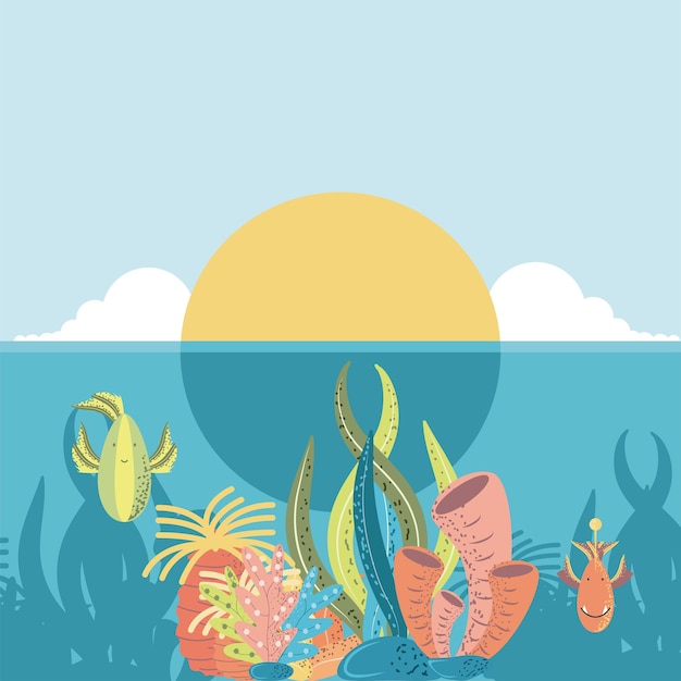 水中世界日没海魚サンゴと藻類漫画イラスト プレミアムベクター