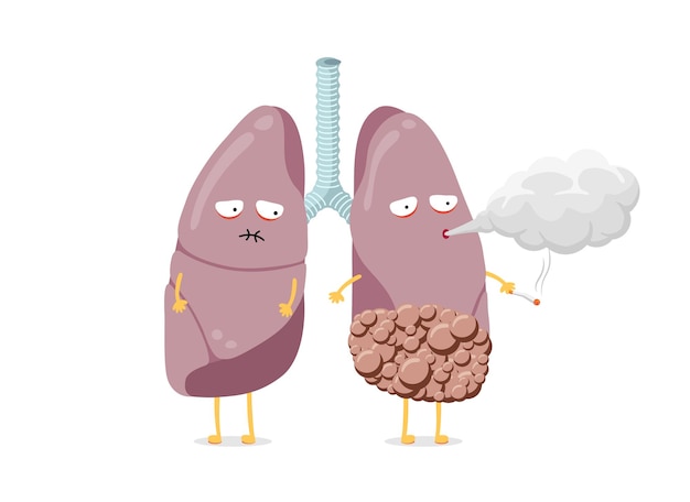 Premium Vector | Unhealthy sick lungs cartoon character smoking ...
