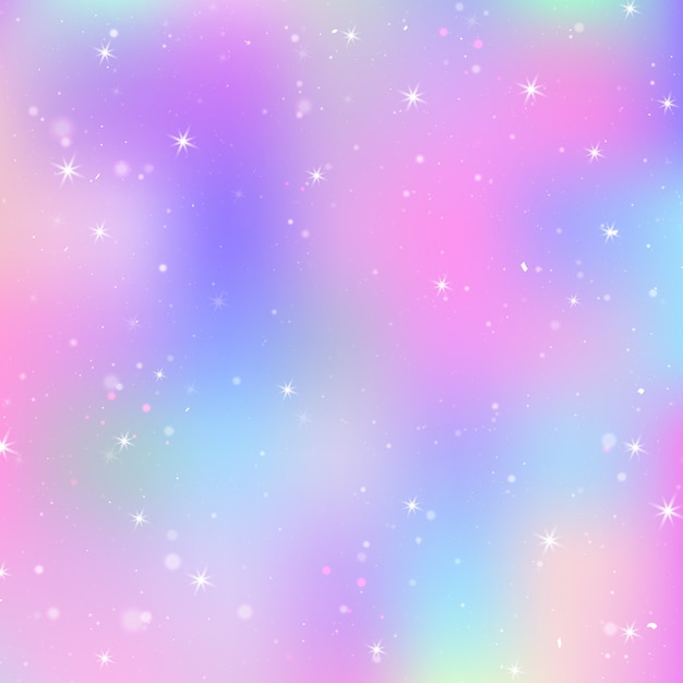 レインボーメッシュとユニコーンの背景 プリンセスカラーのカラフルな宇宙 ホログラムとファンタジーのグラデーション プレミアムベクター