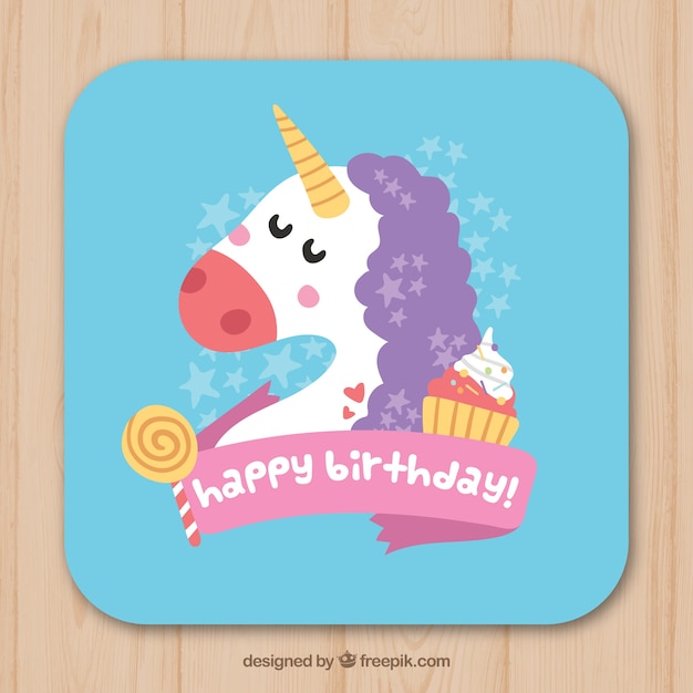 Download Unicorn birthday card with sweets | Free Vector