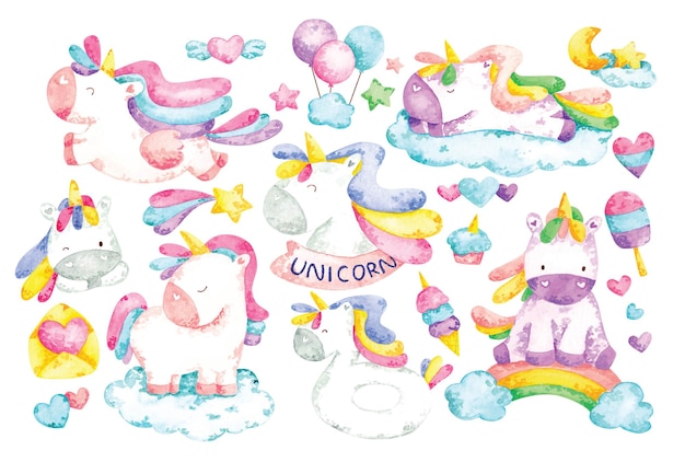 Premium Vector | Unicorn cartoon set in water color illustration