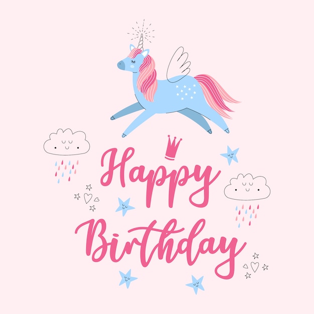 Download Unicorn flying illustration card with happy birthday ...