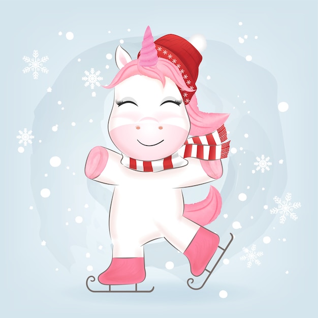 Download Premium Vector Unicorn On Ice Skates In Winter And Christmas Illustration