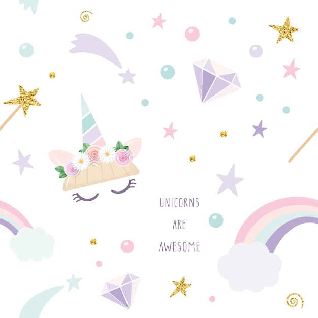 Unicorn magic seamless pattern background. Premium Vector