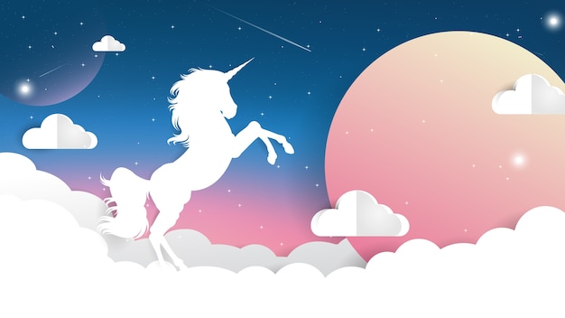 Premium Vector Unicorn Paper Cut On Night Sky With Moon Light