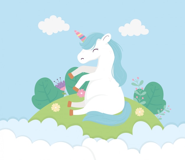 プレミアムベクター 草原の花雲空ファンタジーマジックドリームかわいい漫画イラストに座っているユニコーン