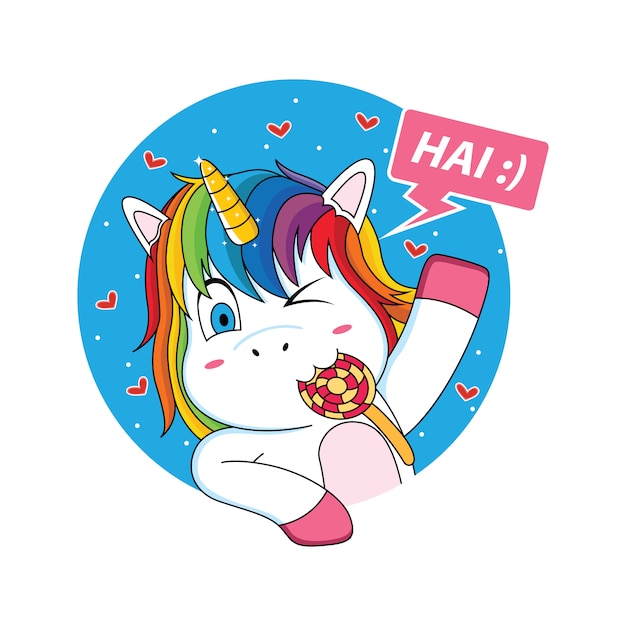 Unicorn who is greeting with lollipop cartoon Premium Vector