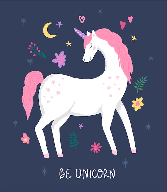 Premium Vector | Unicorn with pink hair, flowers and moon. cute ...