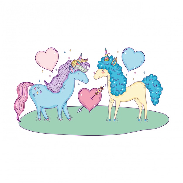 Premium Vector | Unicorns couple in the landscape characters