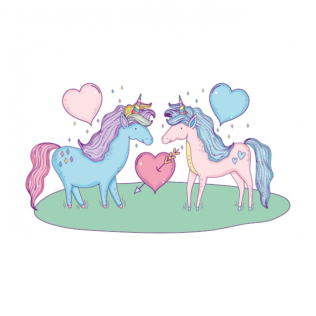 Premium Vector | Unicorns couple in the landscape characters