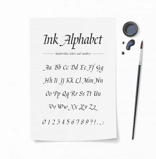 ユニバーサル手書きフォント 筆ペンで書かれた手描きのアルファベット ホワイトペーパー インク壺 机の上から見たモックアップのインク滴 ヴィンテージ書体 プレミアムベクター ユニバーサル手書きフォント 筆ペンで書かれた手描きのアルファベット ホワイトペーパー インク壺 机の上から見たモックアップのインク滴 ヴィンテージ書体 プレミアムベクター