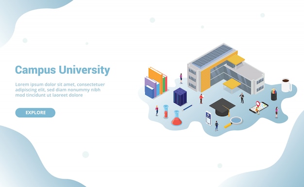 University campus life concept with big building and some related icon in education for website template landing homepage with modern isometric style Premium Vector