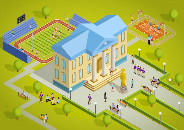 University complex building isometric view poster Free Vector