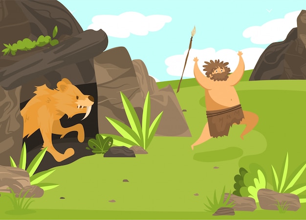 失敗した狩猟 キャラクター男性 洞窟から剣 虎 槍 フラットのイラストで男を攻撃します 狩猟中の古代の部族 プレミアムベクター