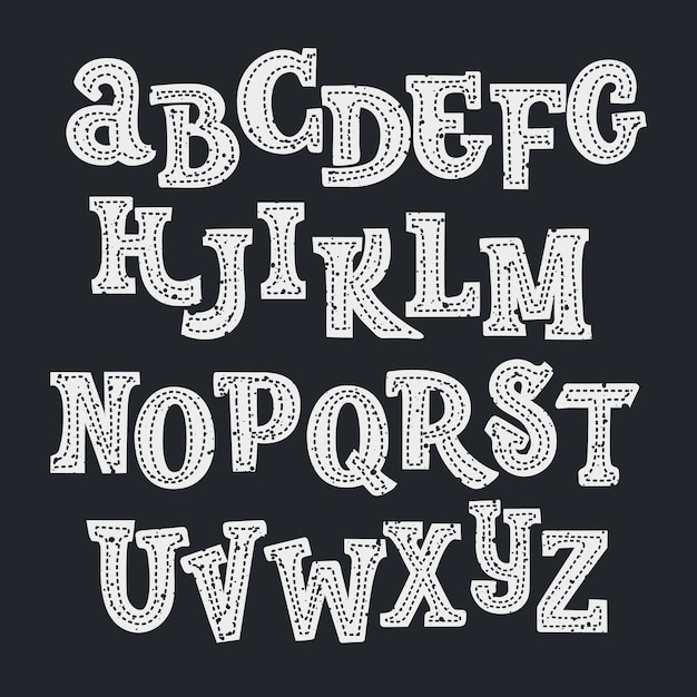 テクスチャ付きの珍しいフォント タイトルとポーズを取る人のラテン語タイプ 文字と黒と白のアルファベット プレミアムベクター
