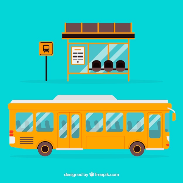 Urban bus and bus stop with flat design