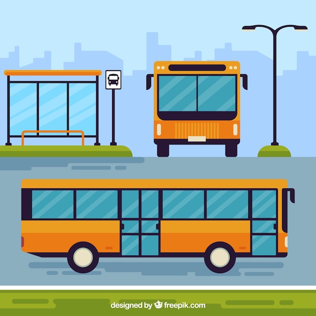 Urban bus and bus stop with flat design Free Vector