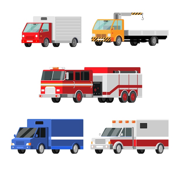 都市 都市の車のベクトルアイコンを設定します 救急車 消防車 郵便トラック レッカー車 クレーン トラック 大型トラックのイラスト漫画のスタイル プレミアムベクター