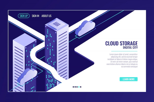 Urban data city, cloud storage concept, server room rack, data center, database Free Vector