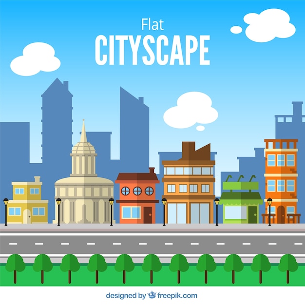 Download Urban landscape in flat design background with road Vector ...