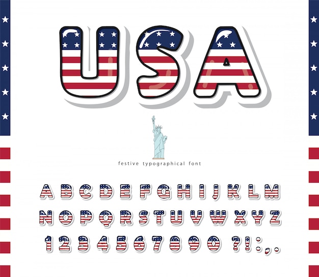 アメリカ漫画フォント アメリカ合衆国の国旗の色 文字と数字のアルファベット プレミアムベクター