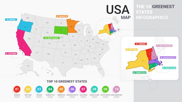 プレミアムベクター 着色された状態と0緑の状態のインフォグラフィックを持つアメリカ地図イラスト