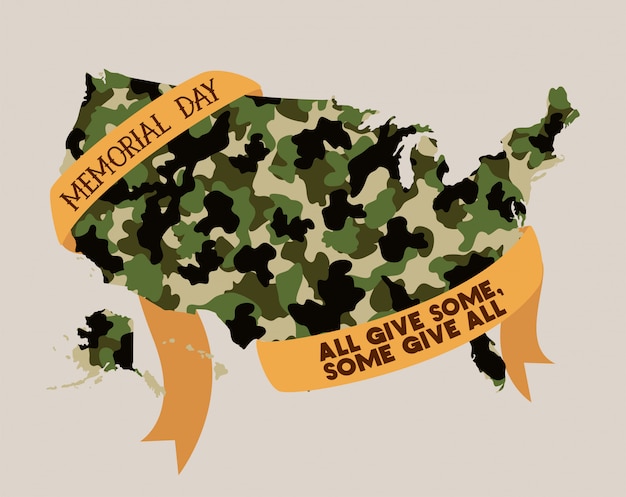 Usa map with camouflage and tape of memorial day emblem Premium Vector