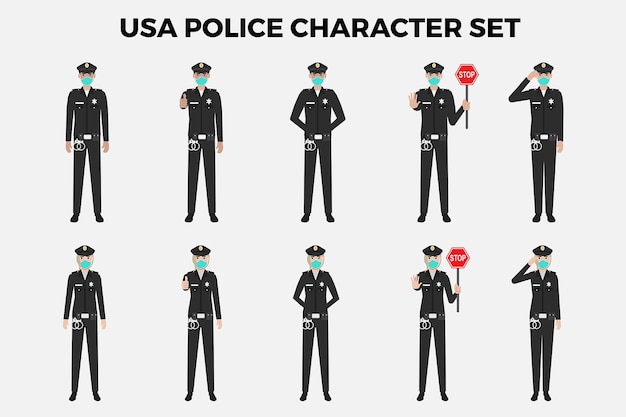 アメリカ警察キャラクターイラストセット プレミアムベクター