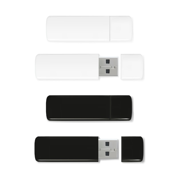 Usbフラッシュドライブ3d現実的なメモリスティックのイラスト 黒と白のプラスチックモックアップ 無料のベクター