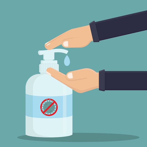 手指消毒剤フラットデザインイラストを使用し 人々は手指消毒剤を使用し コロナサインを停止します プレミアムベクター
