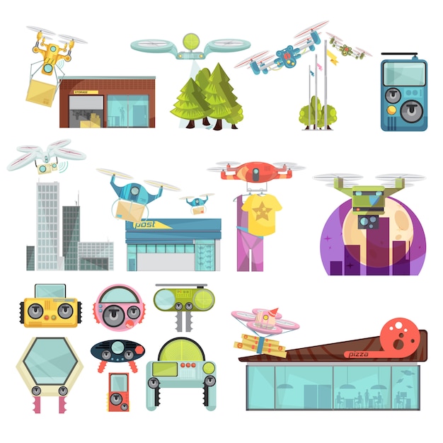 Using drone flat set Free Vector