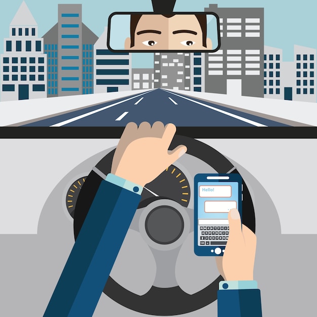 Using mobile phone while driving vector illustration. Vector | Premium